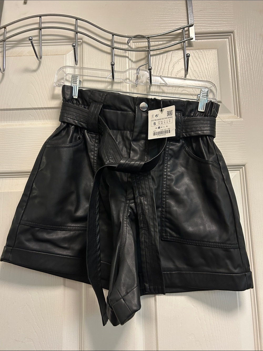 High-Waist Faux Leather Paperbag Shorts - Black